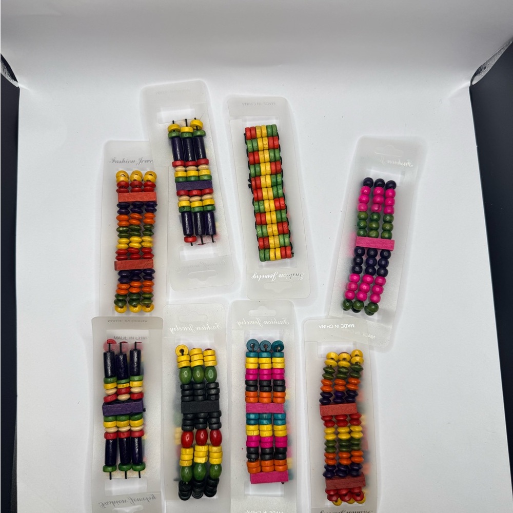 Lot of 8 Colorful Wooden Bead Bracelets Stretch Rasta Boho Stack Jewelry